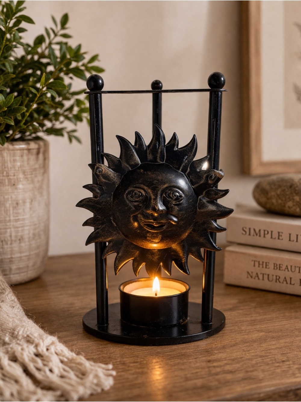 Sun Face Tealight Candle Holder Blue/Black Metal 5” Boho Decor - Picture 1 of 6